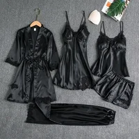 Ensemble de 5 pièces de vêtements de nuit pour femmes, chemise de nuit Sexy en soie, dentelle, Satin, col en v, gilet respirant et confortable pour femmes 5