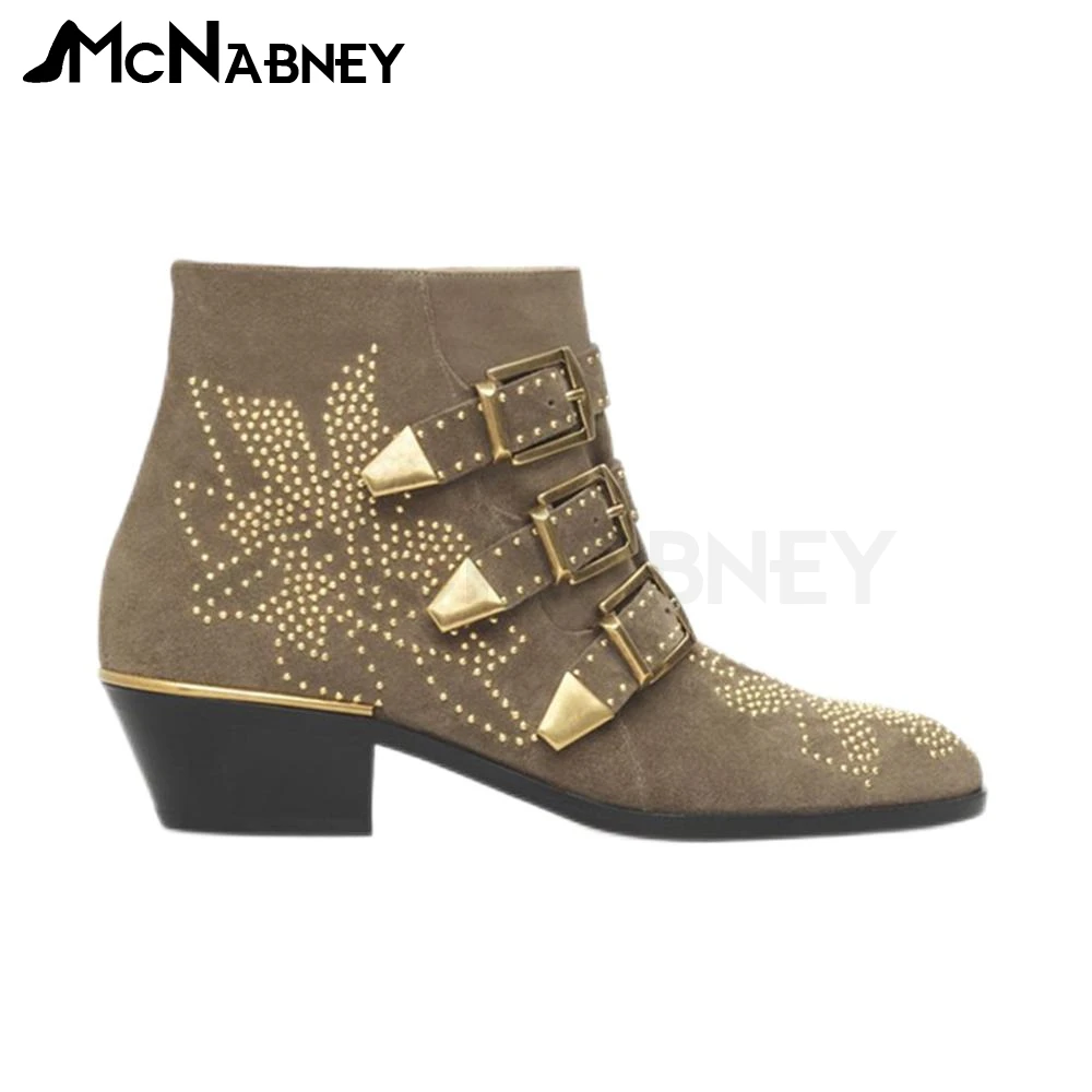 thumbnail image 1 of Botas de tobillo con tachuelas Botas de cuña con punta puntiaguda retro Botas de estilo británico para mujer Botas de vaquero occidental Multicolor Venta de gran tamaño, 1 of 5