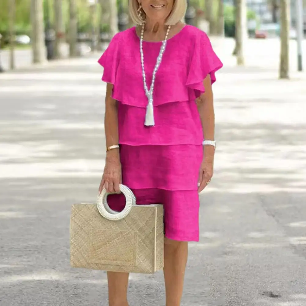

Women Dress Elegant Dress Soft Breathable Women's Mid-length Beach Dress with Ruffled Sleeves Round Neck Lightweight Casual