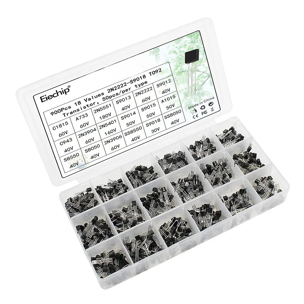 900pcs BJT Transistor Transistors Kit MOSFET Transistor 2N2222-S9018 Transistors Box Pack NPN PNP TO92 Assorted Kit 18 values*50pcs S9015 S8050 S8550 2N3904 2N3906