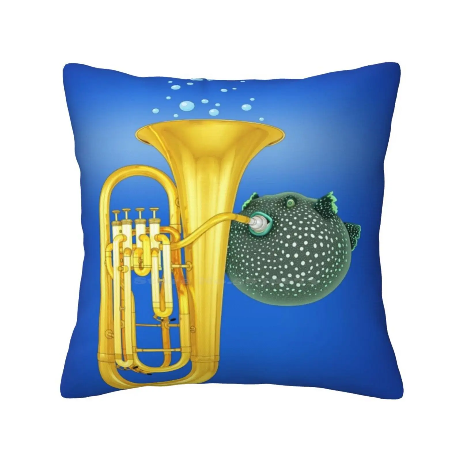 Puffer Fish Playing Tuba Throw Cushion Pillow Cover Music Tuba Puffer Fish Sea Animals