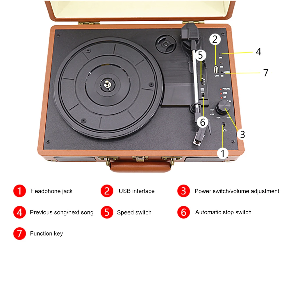 Retro Vinyl Record Player Bluetooth-Compatible Turntable Record Player 33/45/78RPM Phonograph for Entertainment