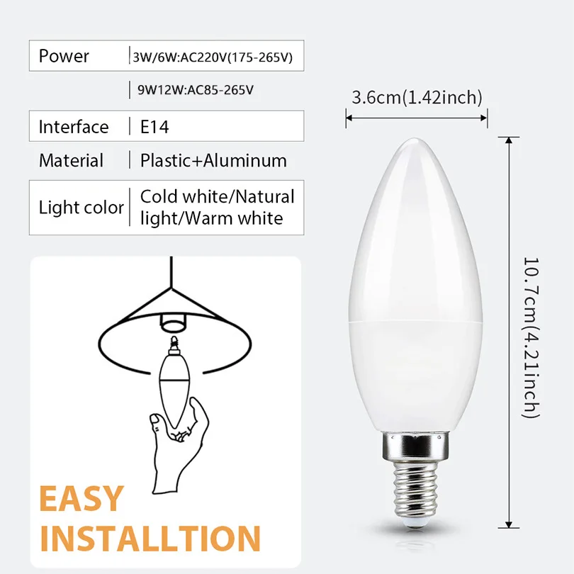 10PCS LED Candle Bulb AC220V 3W 6W 9W 12W  E14 Suitable for kitchen bathroom chandelier crystal lamp