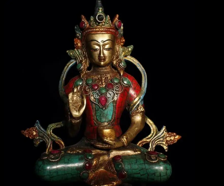 

Chinese Antique Tibetan Buddhism Old Copper Inlaid Gemstone Tārā