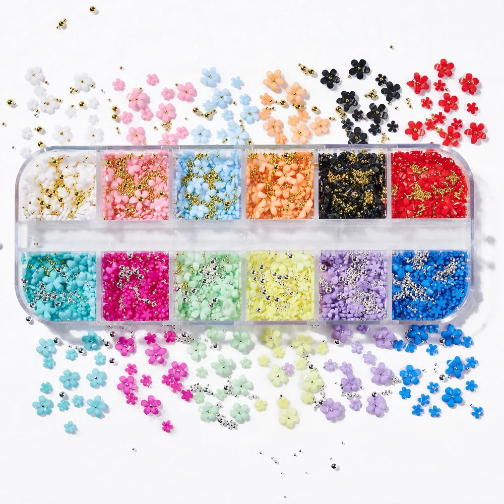 12 Grids 3D Acrylic Flower Nail Parts Decoration Mixed Steel Beads Gems Charms Kawaii Nail Supplies For Professional Accessories 1 box 450pcs mixed flowers nail decoration acrylic nail supplies 3d flower beads rhinestones for nails diy nail art accessories