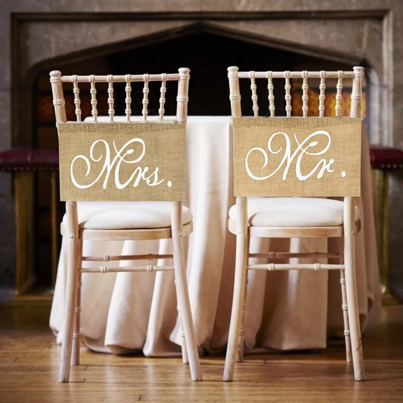 1 Paar Mr. Mrs Hochzeitsstuhl-Banner, Jute-Sackleinen-Flaggen, Hängeschild, Vintage, rustikale Hochzeitsdekoration, Foto-Requisiten, Partyzubehör