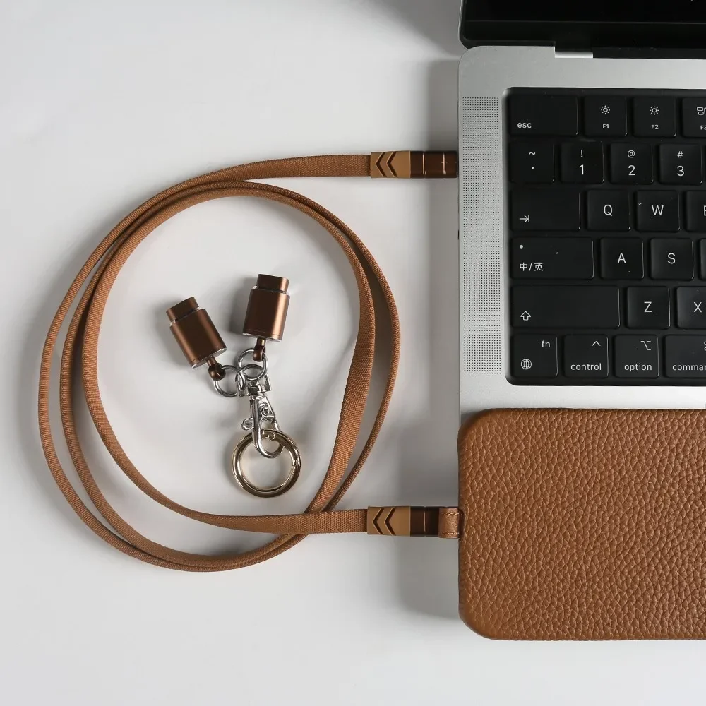 Premium Genuine Leather Magnetic Phone Case with Versatile Lanyard and USB Charging Cable
