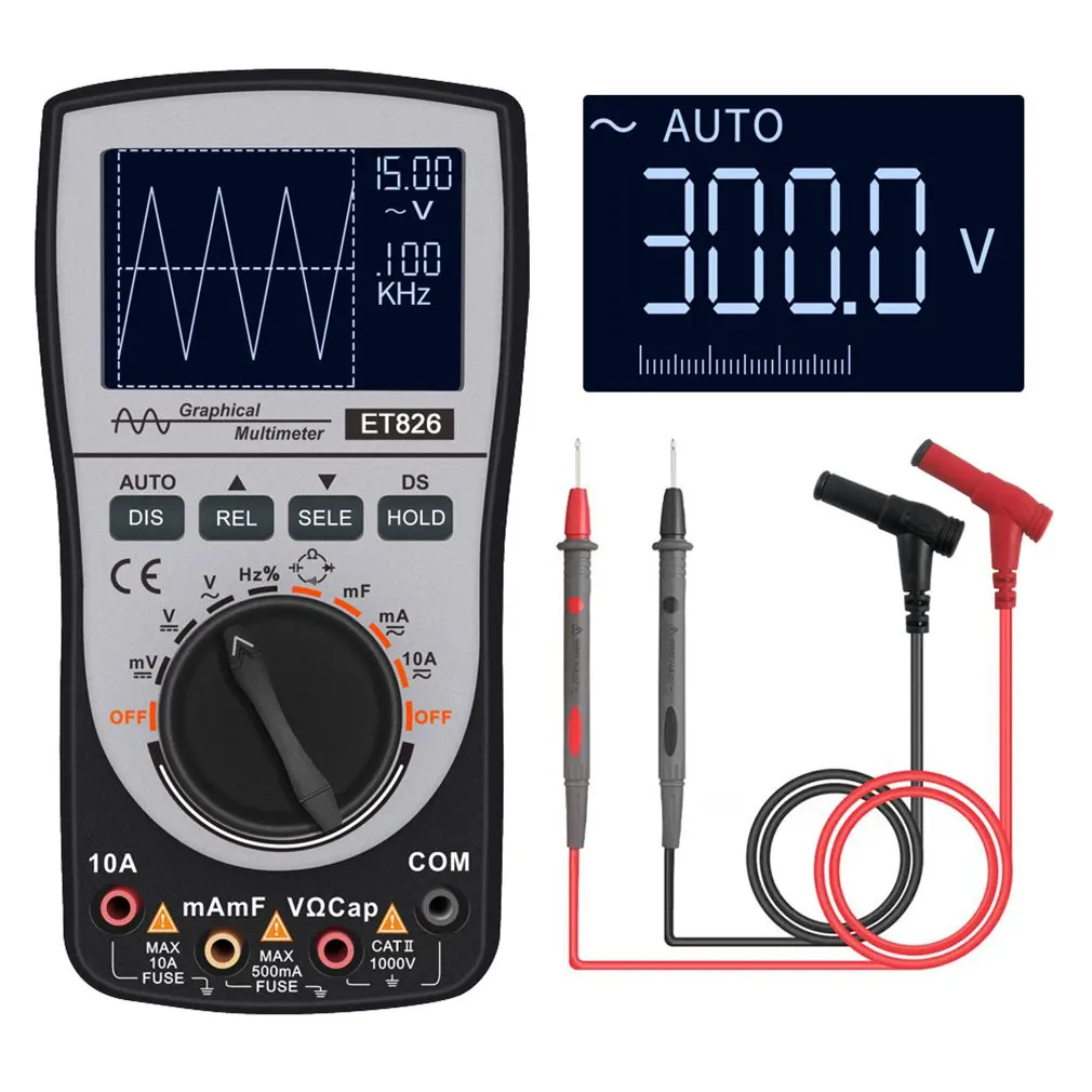 

ET826 Digital Oscilloscope Multimeter Auto Range Backlight Direct Current/AC Voltage Current Meter Capacitance Resistance Tester