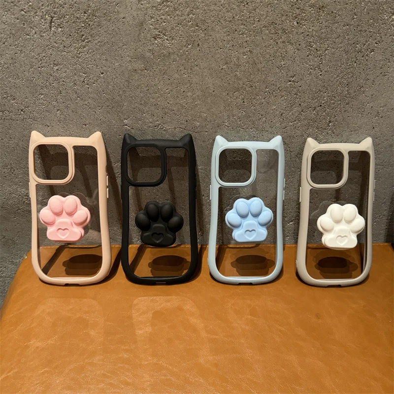 Custodia per telefono morbida glitterata con supporto per gatto in silicone trasparente liquido a copertura totale per iPhone 11 12 13 14 15 16 Pro Max Plus_voghion.com