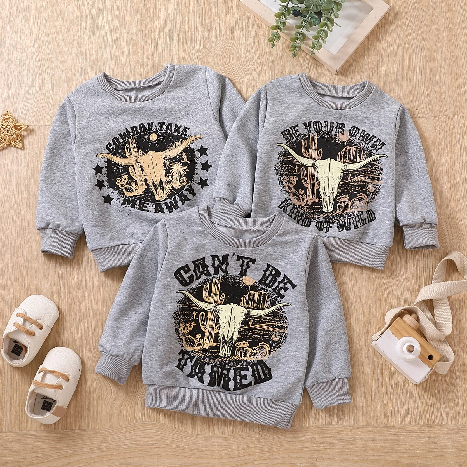 FOCUSNORM 0-3Y Baby Boys Sweatshirt T Shirts 3 Style Long Sleeve Cow Bull Head Letters Print Casual Pullover Tops