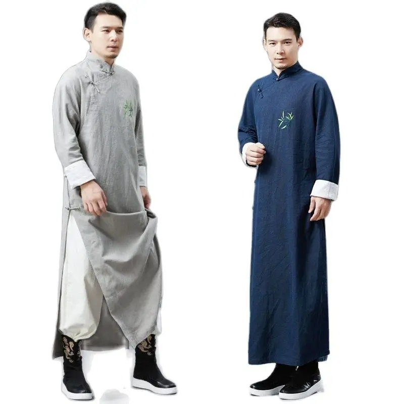 

Men's Chinese Tang Suit Cheongsam Style Male Gown Traditional Long Cotton Linen Clothing Embroidered Bamboo Pattern Robe