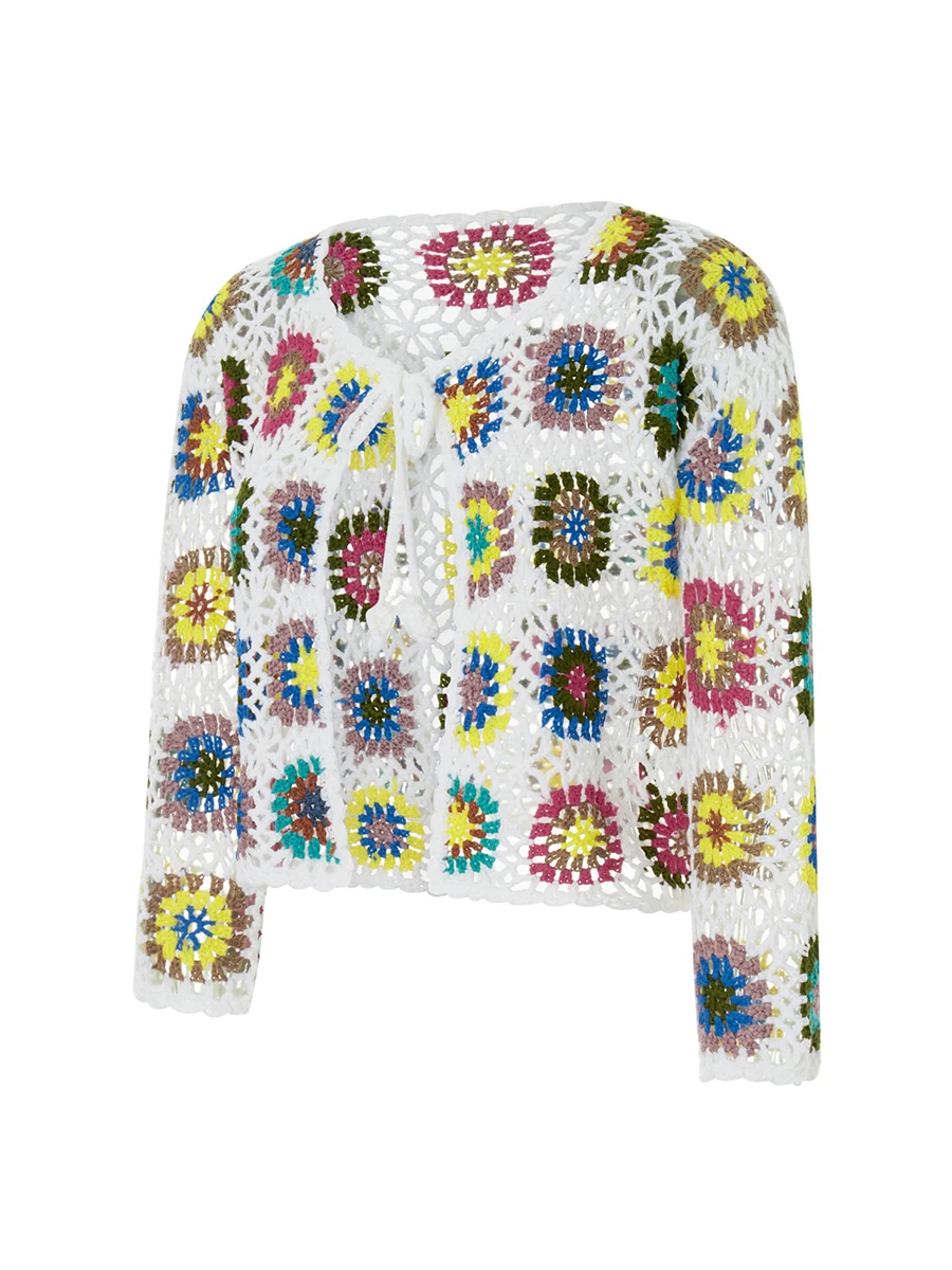 

Women Knit Cardigan Floral Crochet Cutout Tie Front Long Sleeve Novelty Lightweight Casual Basic Club Shirt Streetwear
