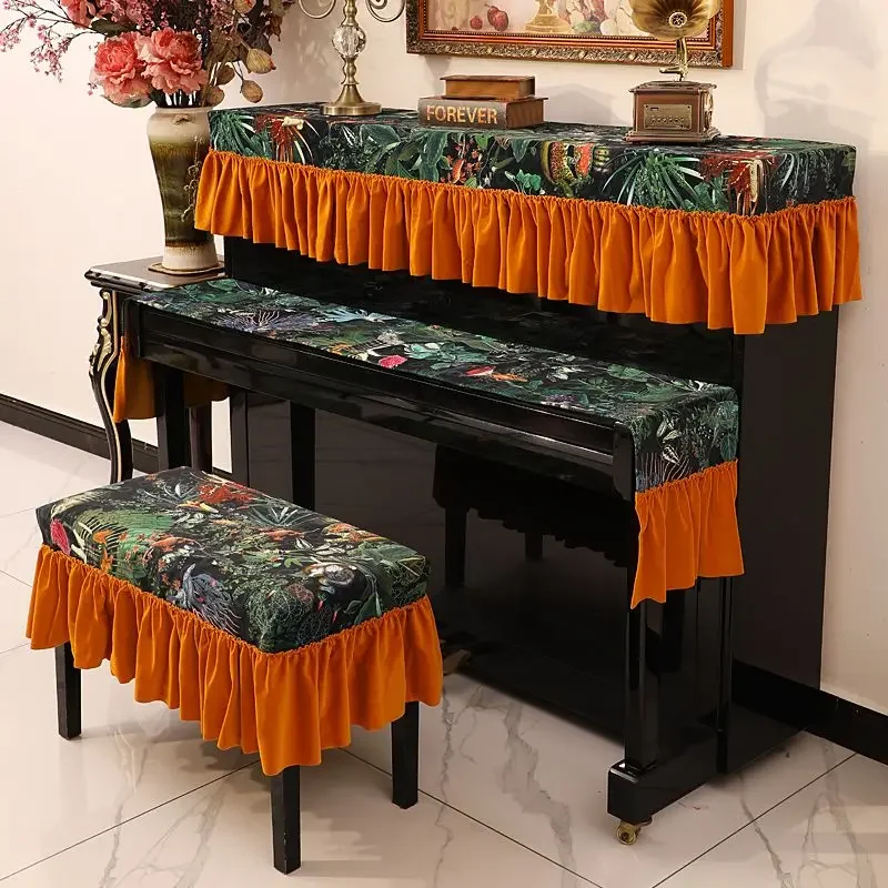 American Flower Pattern Piano Short Protective Cover Ruffle Edge Velvet Piano Dust Proof Towel Pleated Edge Jacquard Bench Cover