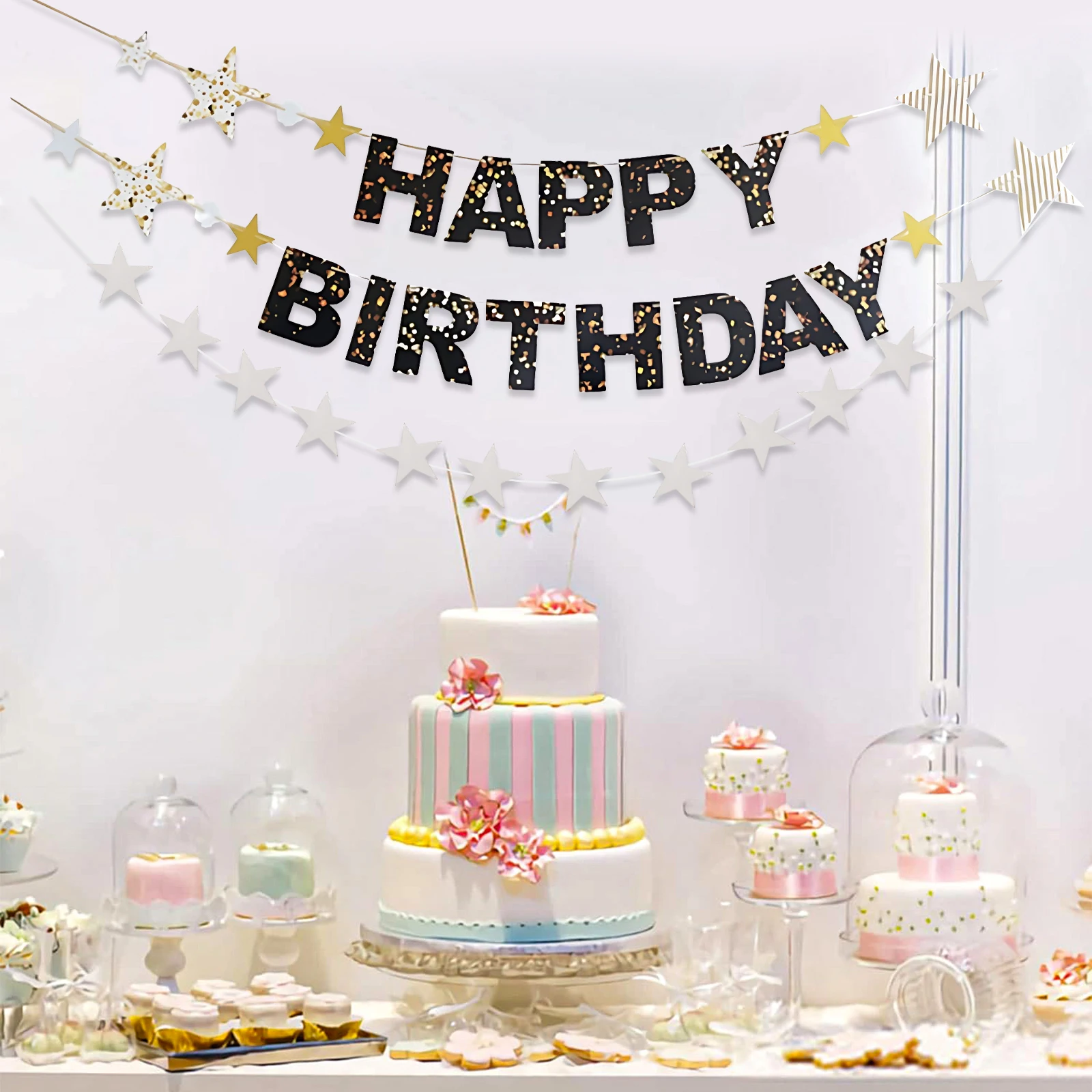 

Cool Black Golden Birthday Banner High-end Decoration Happy Birthday Party Wall Hanging Flags Decor For Adults 3pcs/set