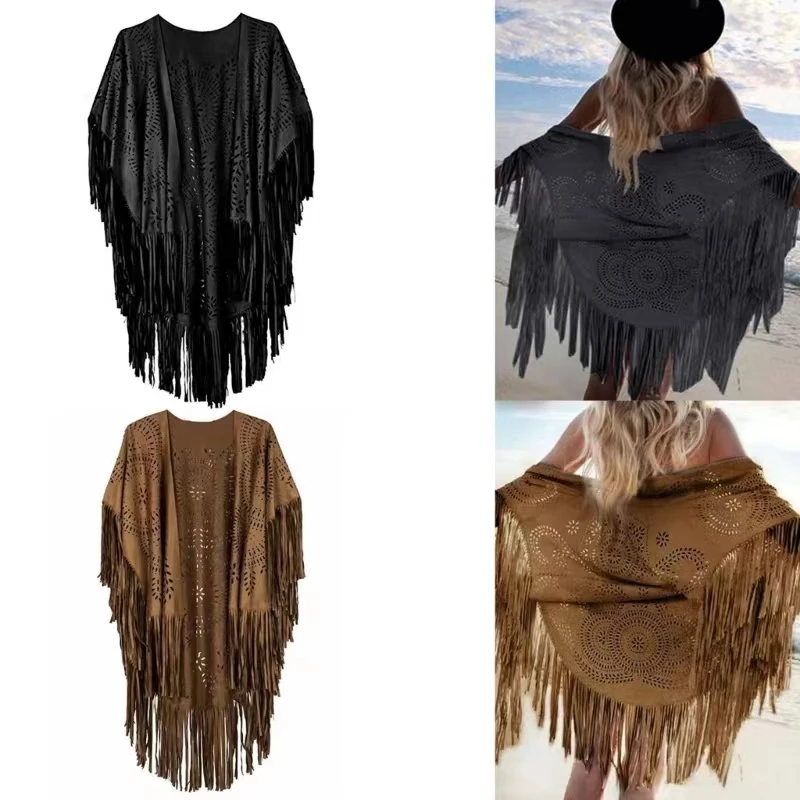 Women's Tassels Sleeveless Vest Hippie Faux Suede Fringe Jackets Cardigan Summer Hollow Waistcoat Outwear Tops