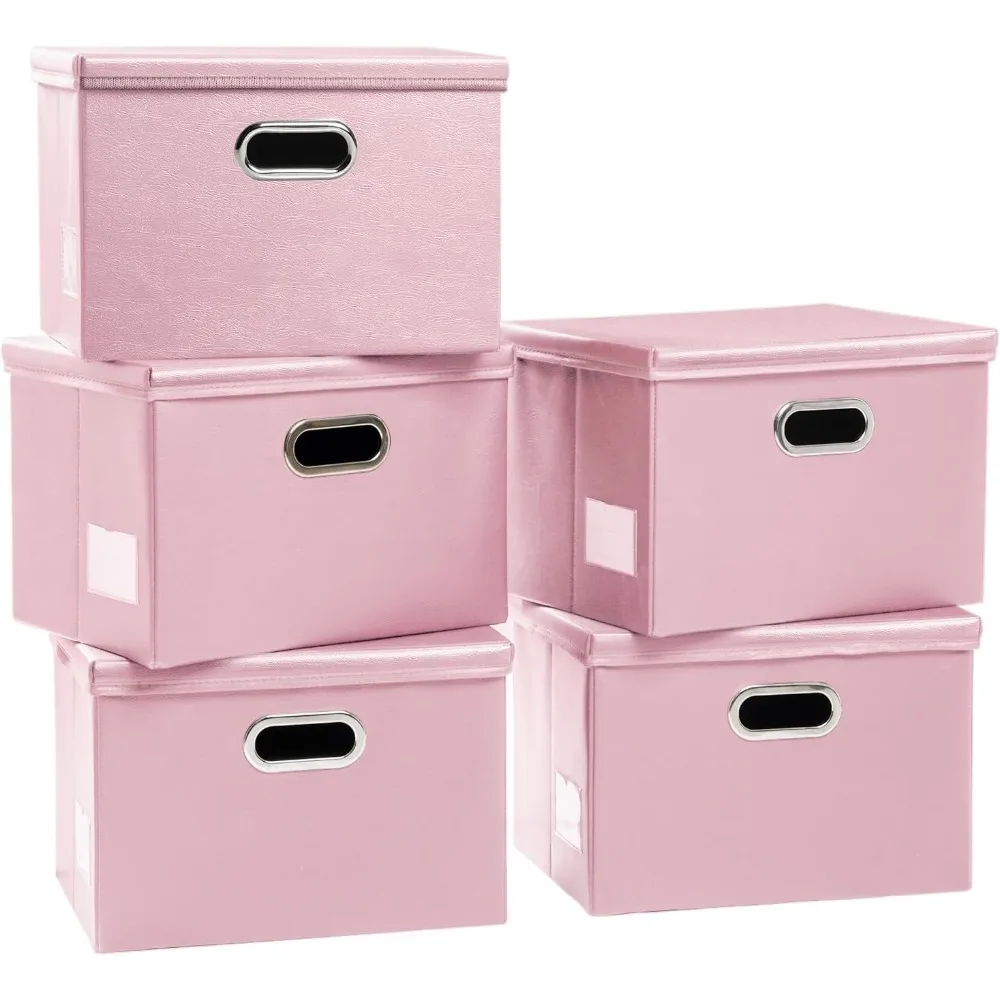 

Foldable Storage Bins with Lids [5-Pack] Leather Fabric Collapsible Storage Boxes Organizer Containers Baskets Cube