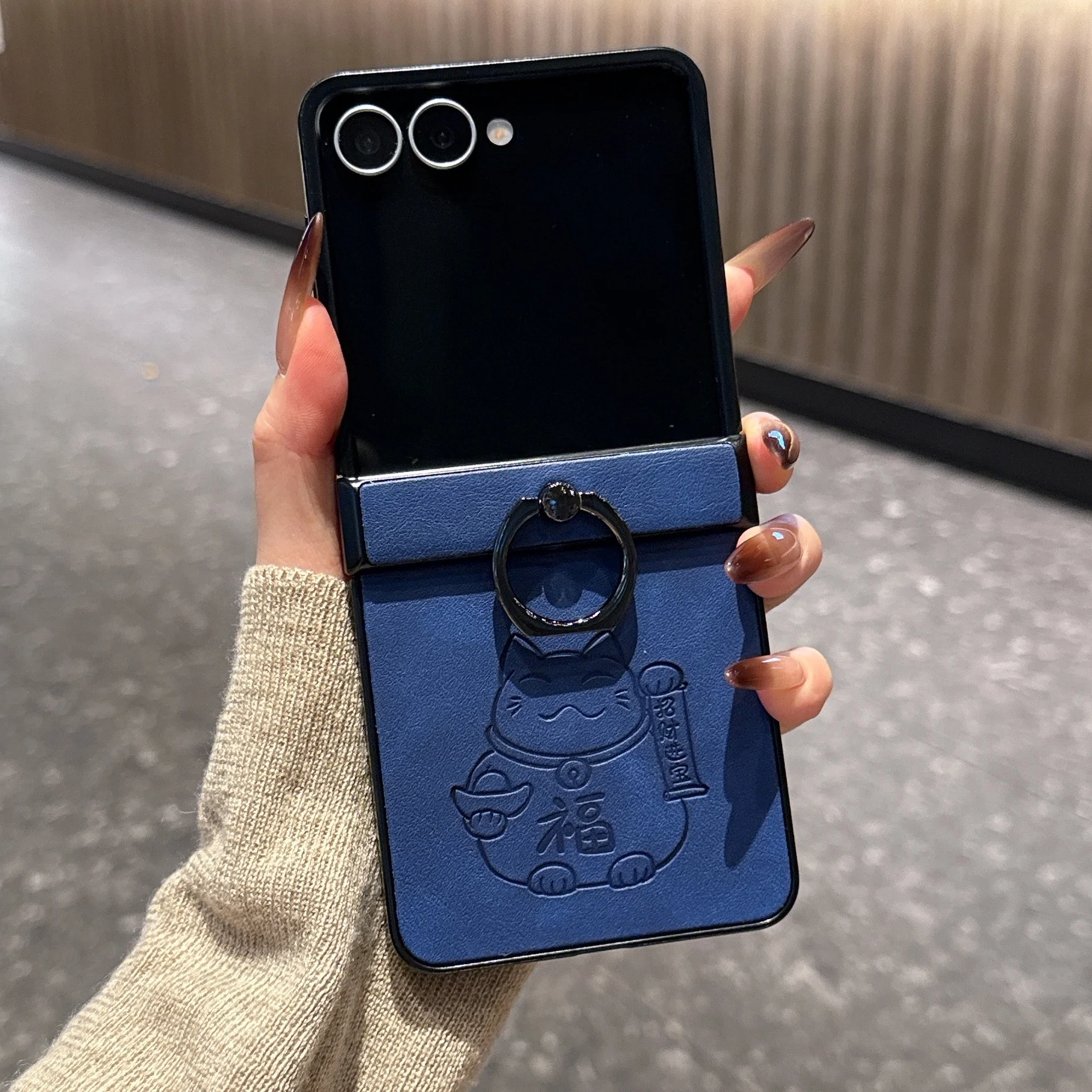 Cute Cartoon Cat Phone Cover with Ring Holder - Retro Leather Back Case