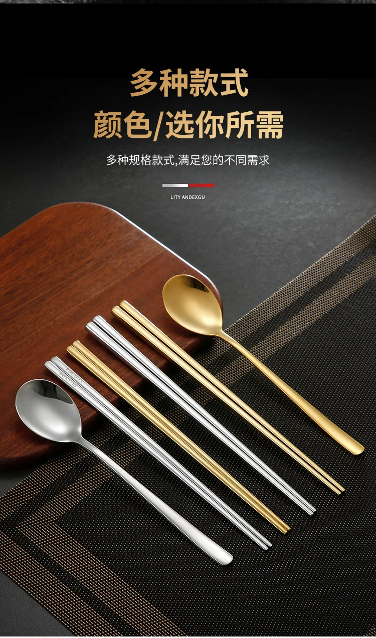 Presa di fabbrica Set di bacchette coreane in acciaio inossidabile 18/10  nero Set di cucchiai da tavola Cucchiai da dessert Manico lungo Set di