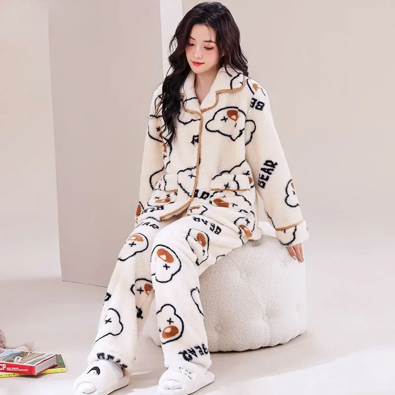 2024 New Winter Women's Pajama Set Long Sleeve Dormitory Warm Loungewear Coral Plush Homewear V-neck Thicken Loose Sleepwear