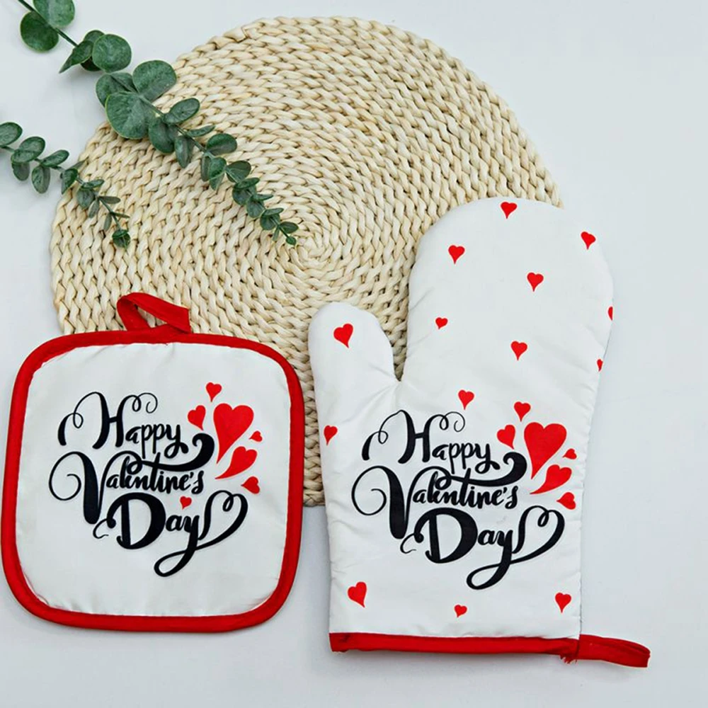 Cute Black Cat Love Oven Mitts & Pot Holders 2pcs Valentine Pink