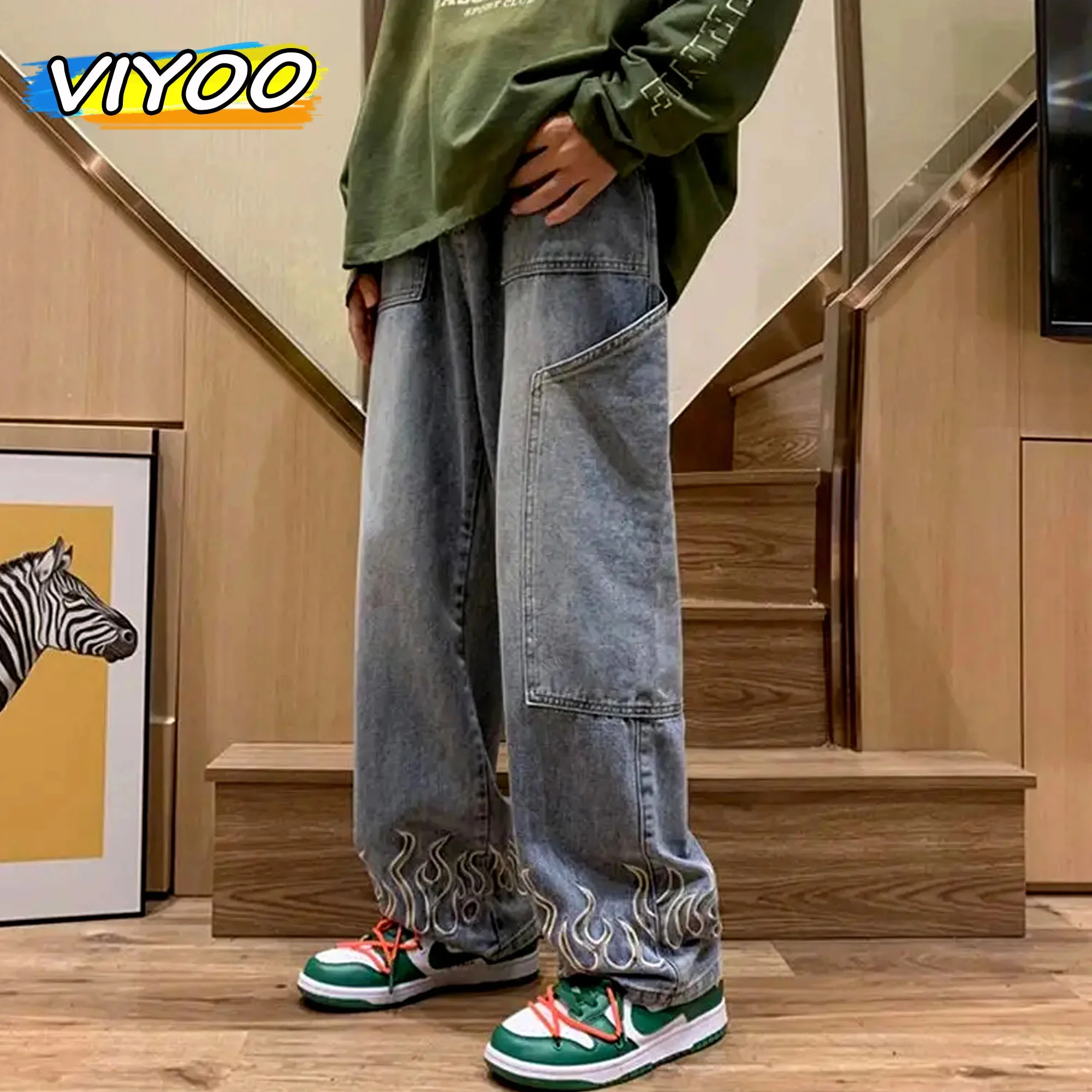 

Men's Y2K Jeans Vintage luxury Fire Embroidery Baggy Straight Trousers Wide Leg Pants For Men Streetwear Sweatpantss