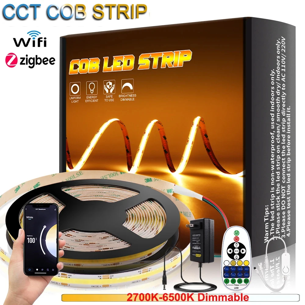 

CCT COB LED Strip Light 24V 2700K-6500K Dimmable Tuya WiFi Bicolor COB LED Strip Light Flexible LED Tape For Room Decor