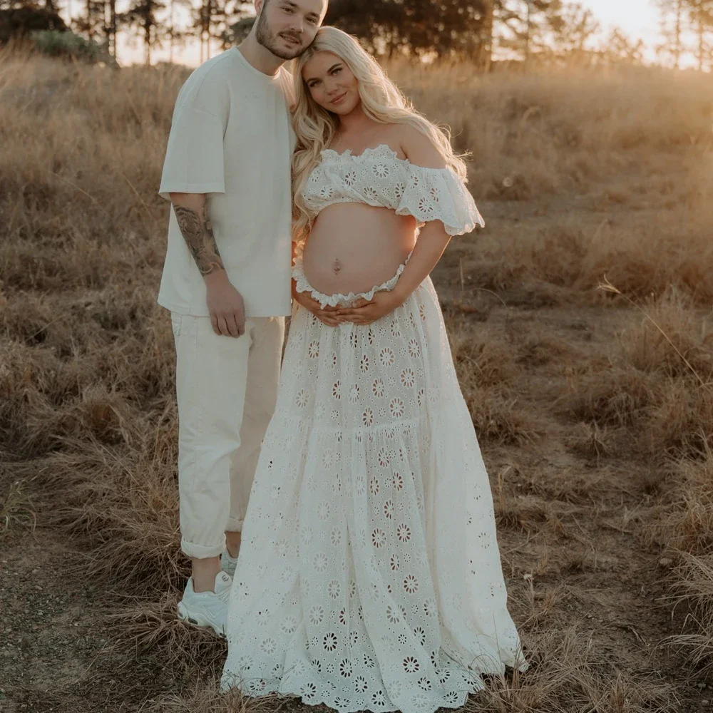 Embrordered Cotton Boho Lace Two Pieces Maternity Photography Outfit 2 in 1 Pregnant Woman Dress Set For Phoot Shoot