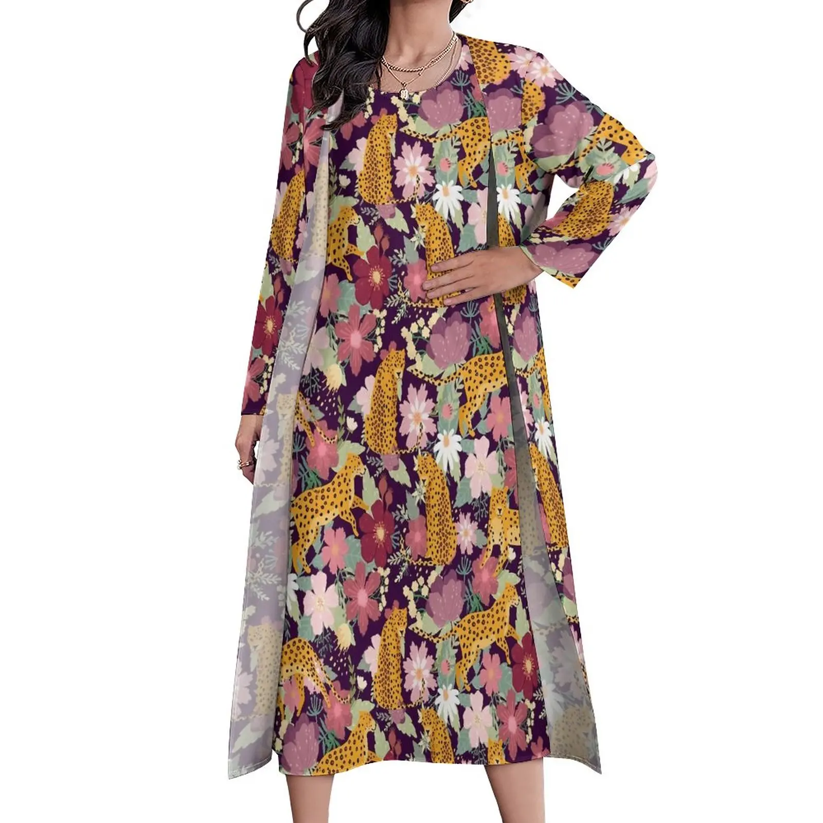 

Floral Leopard Print Dress Green Leaves Elegant Maxi Dress Street Style Casual Long Dresses Spring Two Piece Clothes 3XL 4XL 5XL