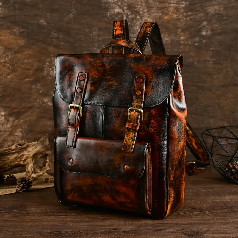 Vintage Style Distressed Leather Backpack Unisex Casual Head Layer Cowhide Couple Shoulder Bag Retro Men's Bag