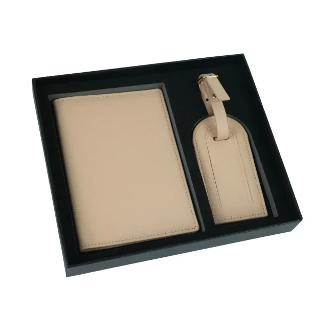 Saffiano Travel Duo: Minimalist Passport and Ticket Holder with Luggage Tag in Gift Box Set