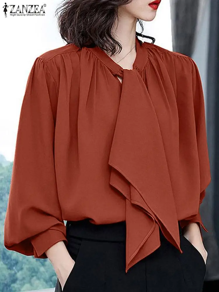 

Женская винтажная блузка ZANZEA, модная рубашка с бандажным воротником, однотонные офисные топы, праздничные туники большого размера с длинным рукавом-фонариком, весна 2024
