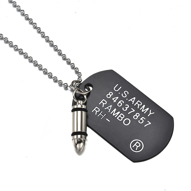 Quality Fashion Men Military Army Bullet Charm Dog Tags SINGLE EMBOSSED Chain Pendant Necklace Jewelry Gift