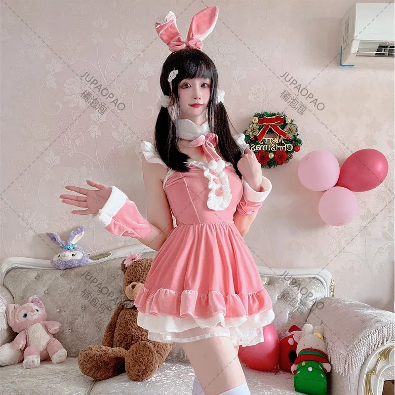 

2023 высококачественное рождественское платье, пикантное розовое платье, униформа для Хэллоуина, костюм, костюм, платье Playboy, зайчик, ролевая игра, JUPAOPAO