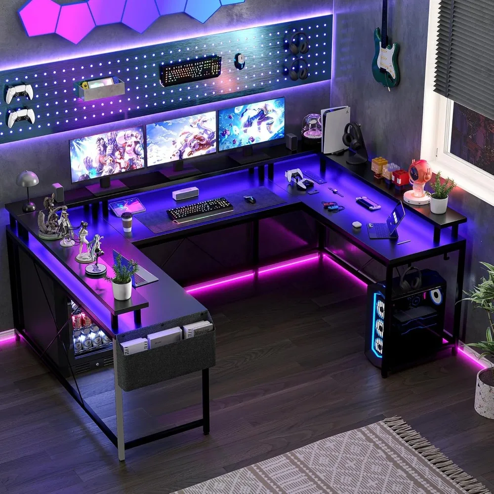 U Shaped Computer Gaming Desk, Reversible L Shaped Desk with Power Outlets, LED Strip & Monitor Stand, Large Corner Desk with S 5