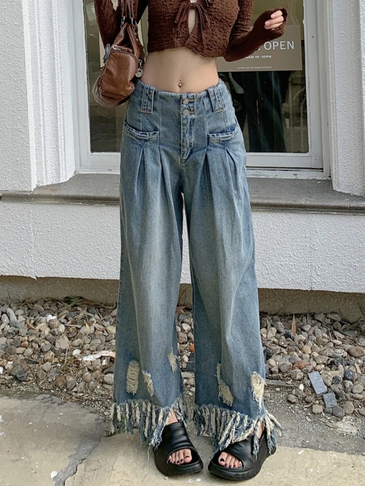 Cargo Pants Wide Leg Jeans Ripped  Vintage Women Pants 2 Buttons Streetwear Holes Pockets Denim Trousers 2000s Clothes y2k