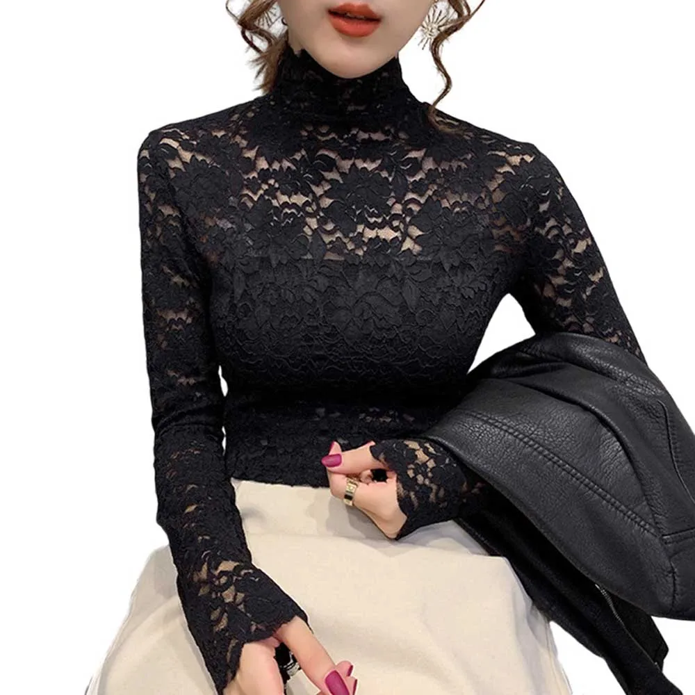 送料/関税込 ●SHALOM● TELEPATHY LACE TOP Autumn Women Thin Black Lace T shirt Sexy Turtleneck Long