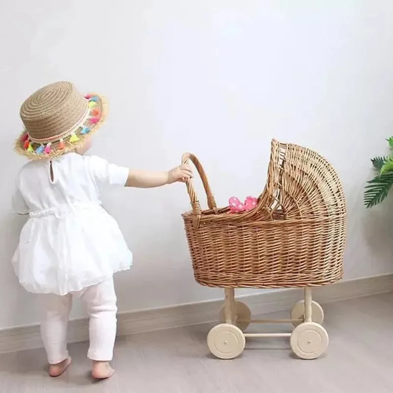 Baby Photography Props Retro Rattan Stroller Toy Boy Girl Photo Studio Doll Carriage Children Room Decoration Baby Doll Cart