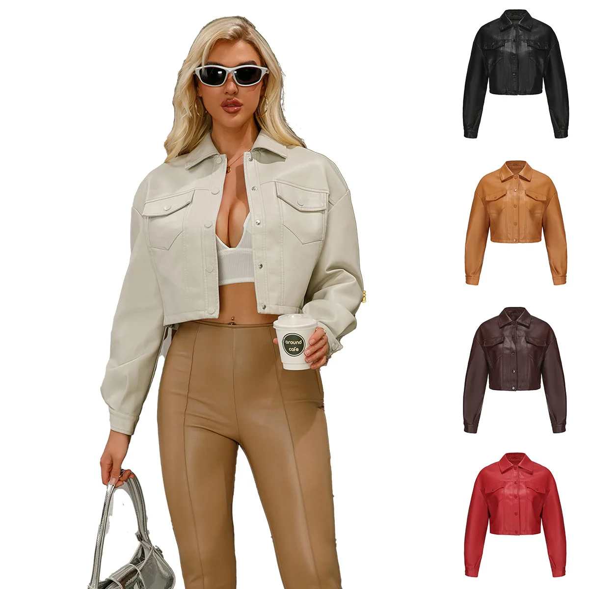 New loose casual short leather jacket women's long sleeve single button women's short lapel jacket Motorcycle jacket