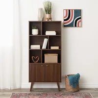 Milo Mid-Century Modern Bookcase with Six Shelves, Two Doors, and Brushed Brass-Finished Knobs 2