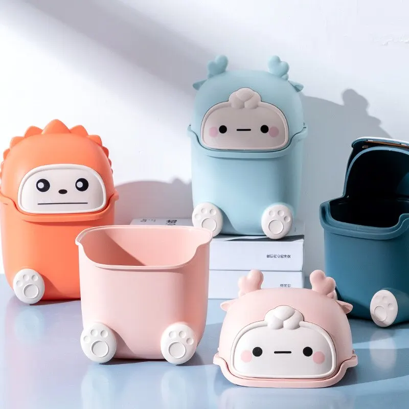 Cartoon Tabletop Trash Can Cute Trash Can with Lid Desktop Small Bedroom Home Easy To Clean Portable desktop trash can trash can