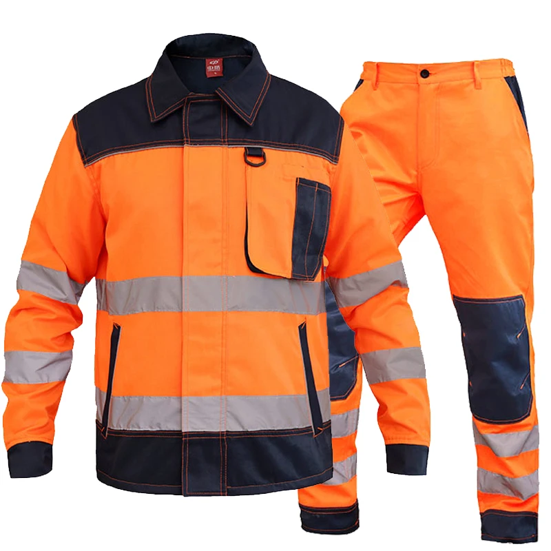

Fluorescent Orange Workwear Jacket and Pants Safety Jacket Work trousers Working Suit With Reflectors