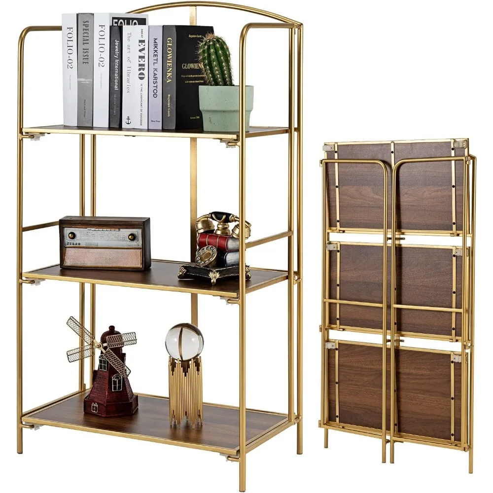 

Bookcase Folding Bookcase for Office Organization and Storage No Assembly Folding Bookshelf Book Shelf 3 Tier Gold Bookshelf