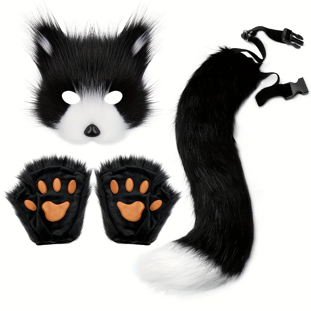 Fluffy Fur Fox Tail  Cat Paws Gloves Set - Wolf Mask Halloween Cosplay Accessories