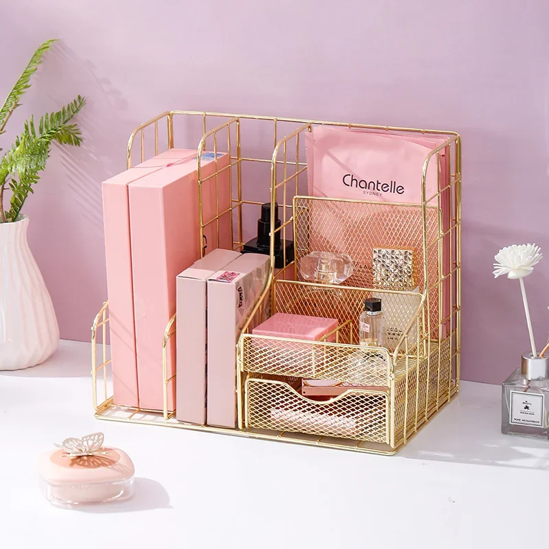 Multifunctional Rose Gold Magazine Holder 6 Different Compartments Documents Storage Holder File Organizer Book