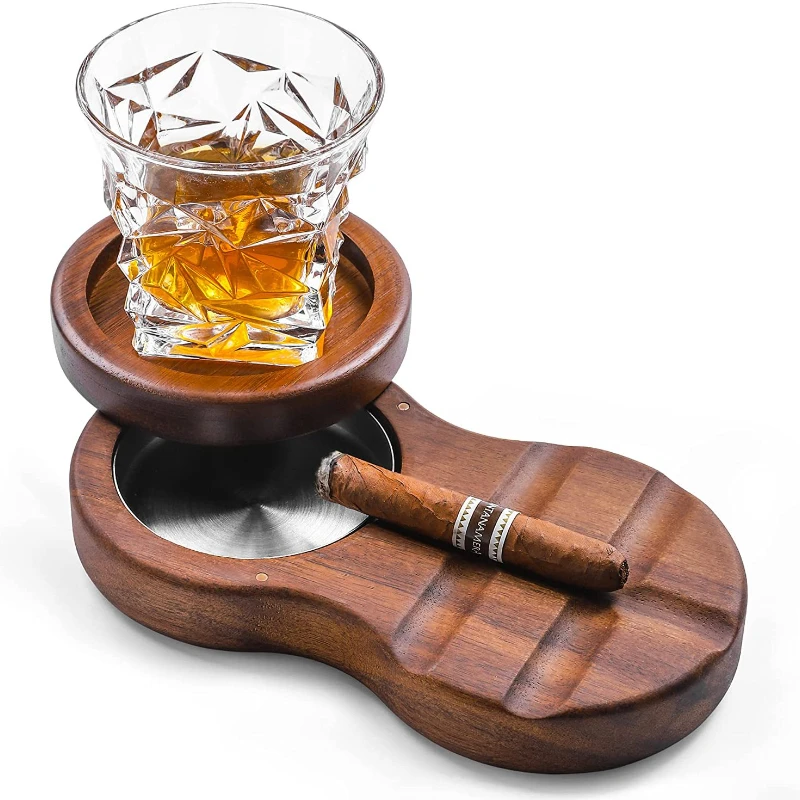 Wooden Cigar Ashtray with Lid Windproof Whiskey Ashtray Cigar Smoking Accessories Gift for Boyfriend