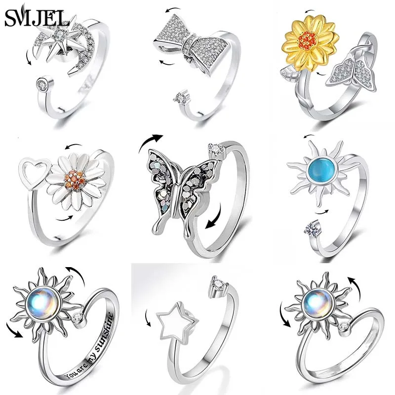 Fidget Spinner Ring Finger Ring Luxury Crystal Star Moon Anxiety Ring Fidget Spinner Rings for Women Korean Butterfly Sunflower Ring Party Bague Anti Stress