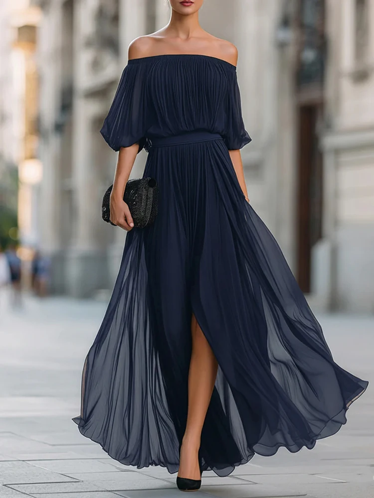 Spring Summer Off Shoulder High Waist Long Dress Casual Short Sleeved Holiday Dress Ladies Temperament Solid Color Chiffon Dress