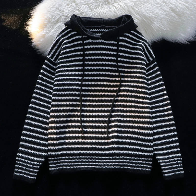 

Мужской свитер в полоску, с капюшоном и длинным рукавом, свободный трикотажный джемпер, Осень-зима 2024