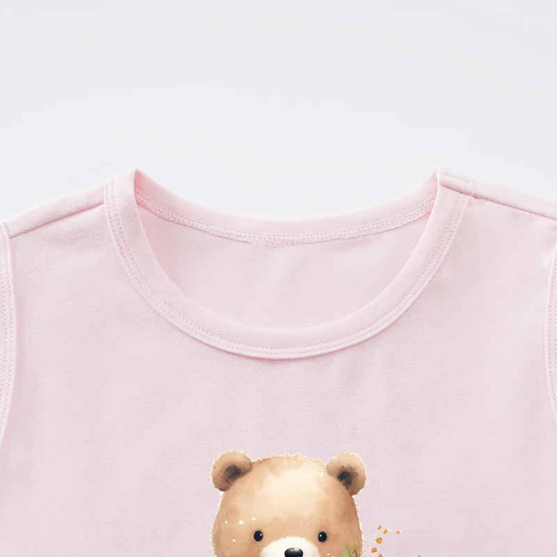 Baby Pink Sleeveless T-Shirt For Boys And Girls Cute Cartoon Cute Flower Bear Comfortable Round Neck Summer Children's Wear