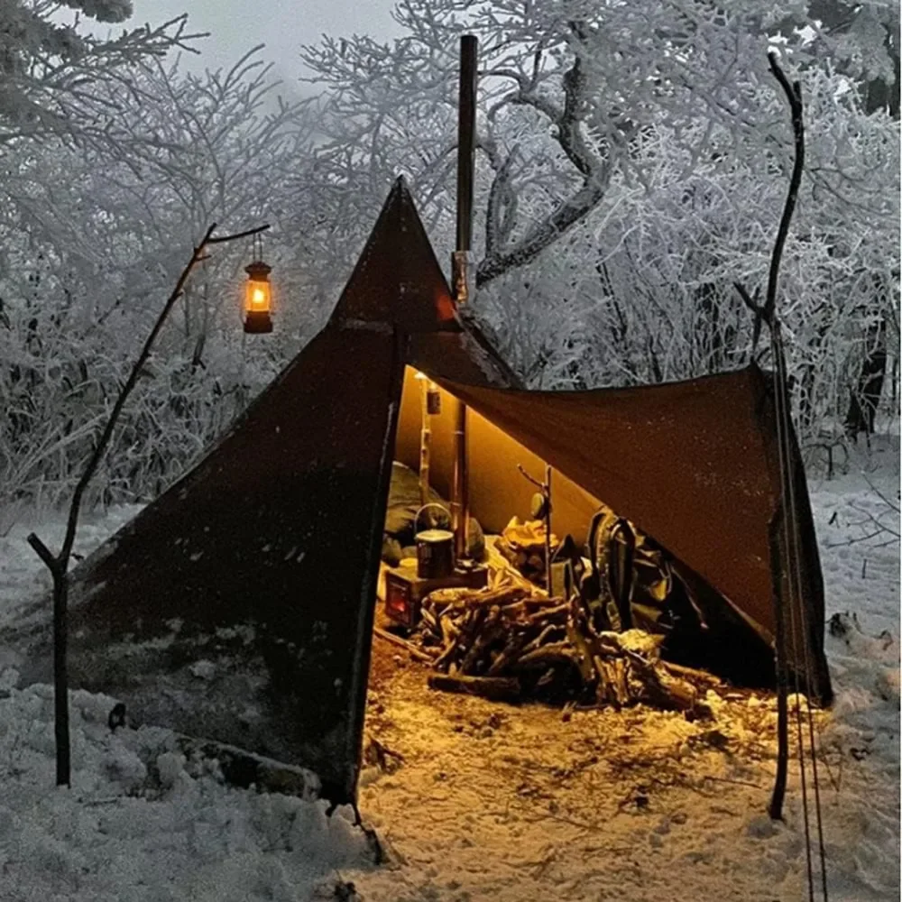 

Outdoor camping pyramid tent with chimney opening insulated and waterproof, double layer large space hiking Indian camping Tents